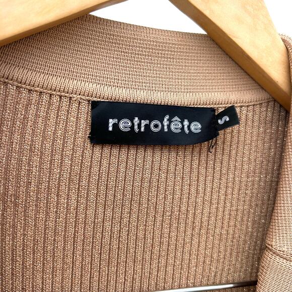 Retrofête Mimi Rib Knit Button Front Collared Mini Dress Nude Small Tan Stretch - Picture 3 of 9